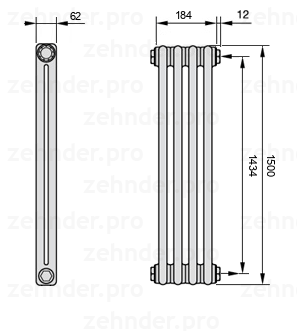 Схема (чертеж) Радиатор Zehnder Charleston 2150/4 №7610 Белый глянцевый RAL 9016